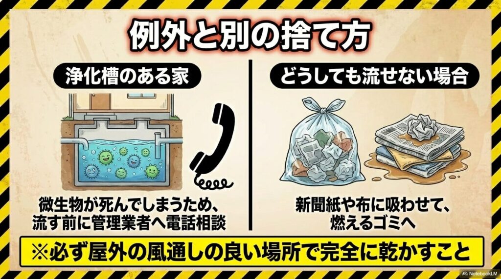 浄化槽がある場合の相談先や、布・新聞紙に吸わせて燃えるゴミに出す代替案を説明するスライド。