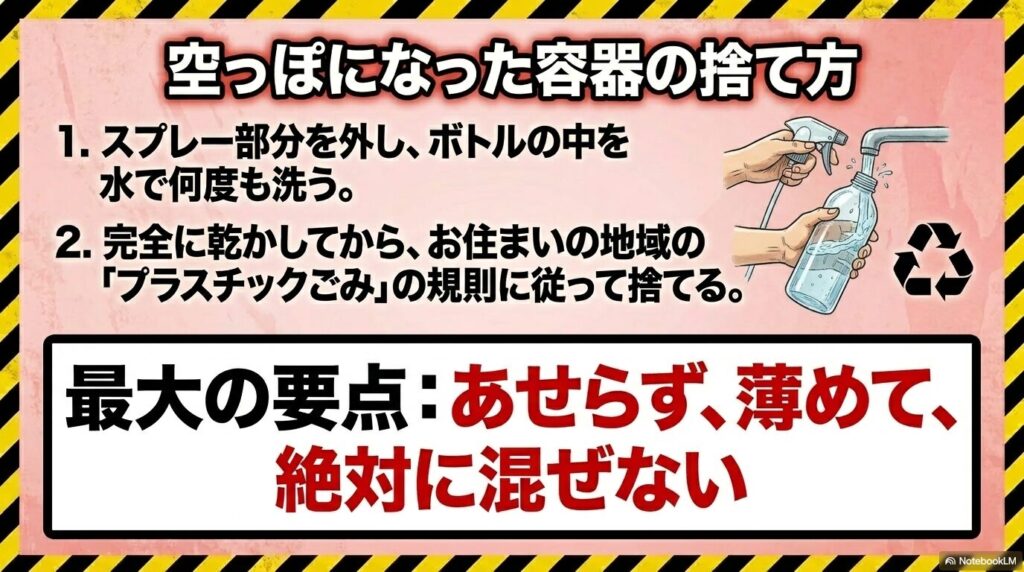 空容器の洗浄・廃棄方法と、あせらず薄めて混ぜないという最大の要点をまとめたスライド。