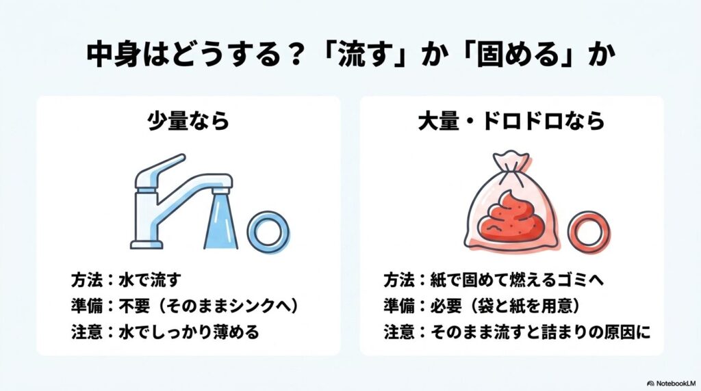 捨てる量や状態に応じて、水で流すか紙に吸わせて固めるかを選ぶ基準を示したスライド。