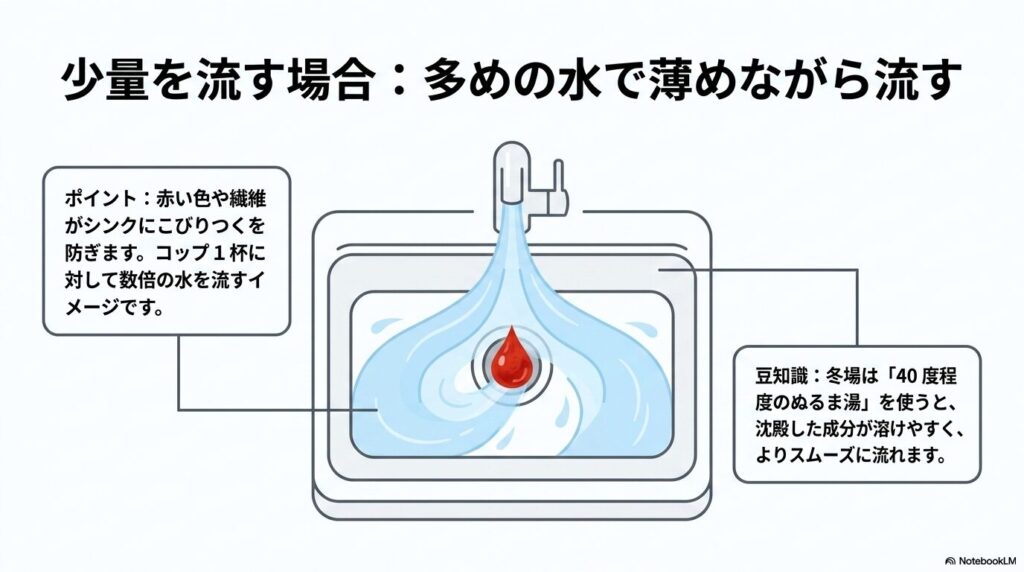 少量の中身を流す際、シンクのこびりつきを防ぐために多めの水で薄めるポイントを解説するスライド。