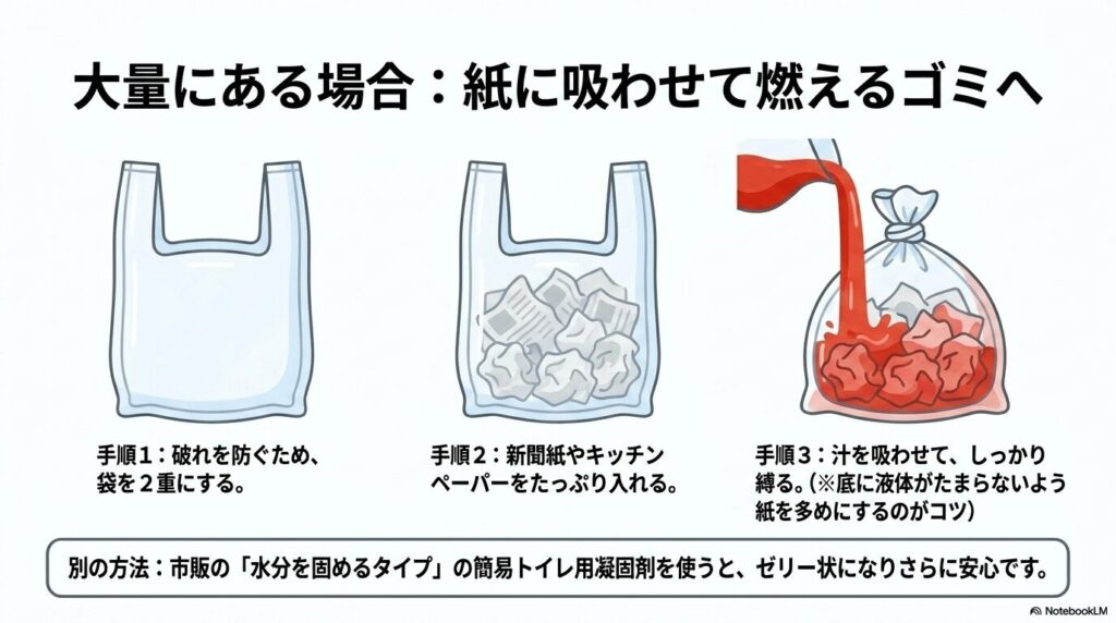 大量の中身を紙に吸わせて燃えるゴミとして出すための3つの手順を解説するスライド。