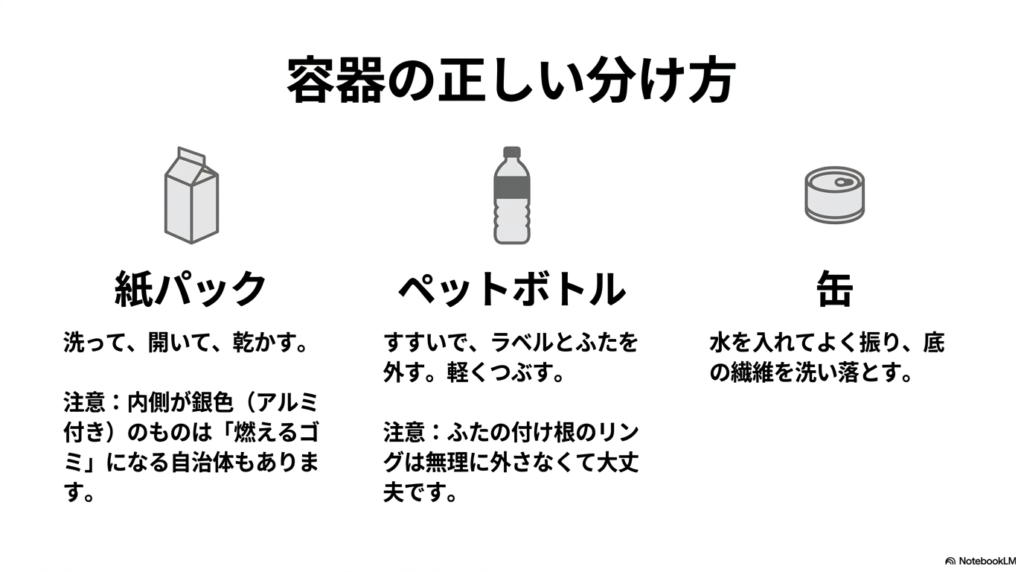 紙パック、ペットボトル、缶の3種類の容器について、正しい分別の仕方を説明するスライド。