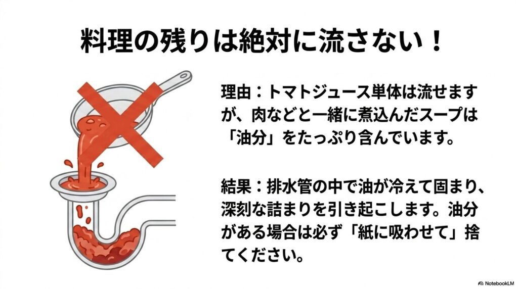 油分を含む料理の残りを流すと排水管が詰まるため、絶対に流さないよう注意を促すスライド。