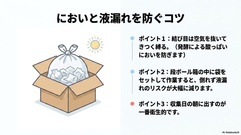 ゴミの臭いや液漏れを防ぐために、袋の縛り方や作業のコツ、出すタイミングを紹介するスライド。