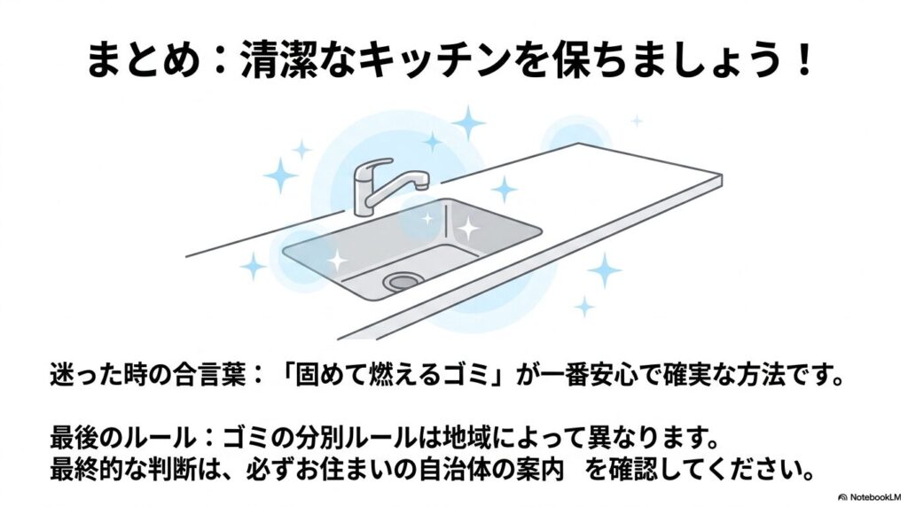 まとめとして、迷った時の捨て方と自治体のルール確認の重要性を伝えるスライド。