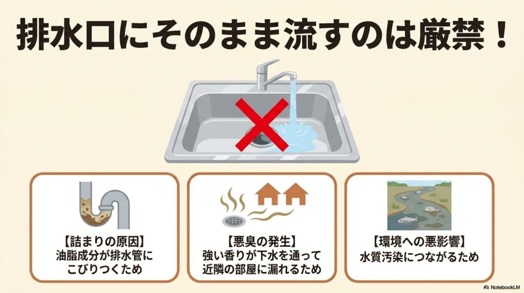 バニラエッセンスを排水口に流してはいけない理由として、詰まり、悪臭、環境への悪影響を解説しています。
