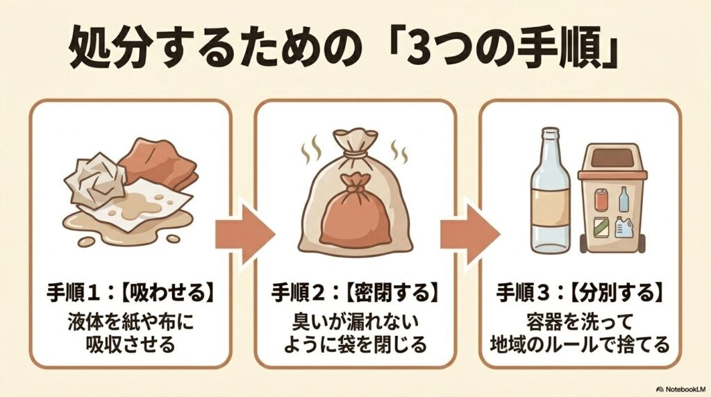 バニラエッセンスを処分するための「吸わせる」「密閉する」「分別する」という3つの手順の概要です。