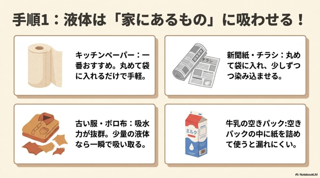 手順1として、キッチンペーパー、新聞紙、古い布、牛乳パックなど、液体を吸わせるのに適したものを紹介。