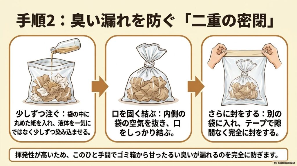手順2として、臭い漏れを防ぐために液体を少しずつ注ぎ、袋を二重にして密閉する方法を解説しています。
