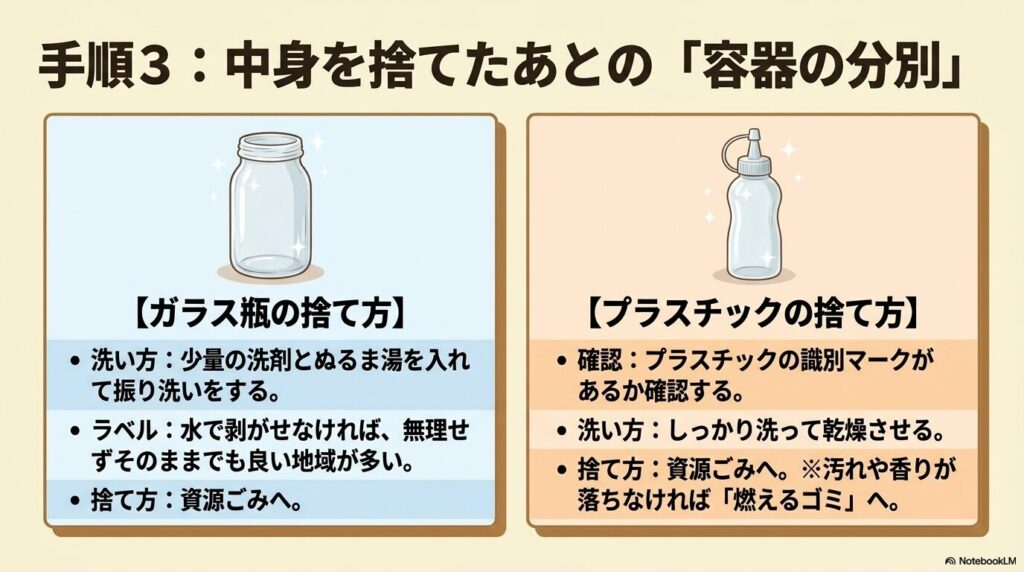 手順3として、中身を捨てた後のガラス瓶とプラスチック容器それぞれの洗い方と分別のルールを説明。
