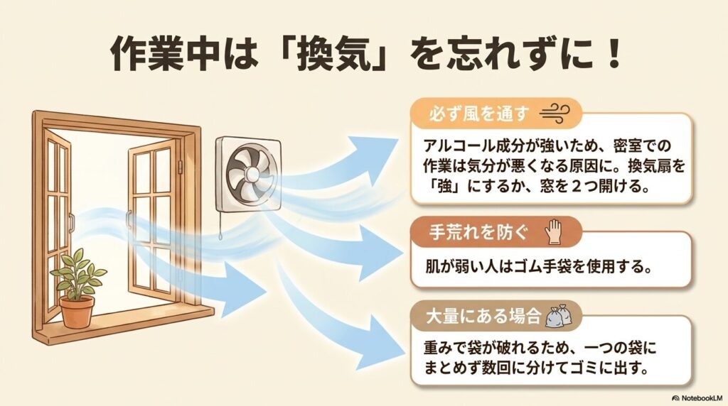 作業中の注意点として、アルコール成分による体調不良を防ぐ換気や、手荒れ防止、大量処分時のコツを解説。