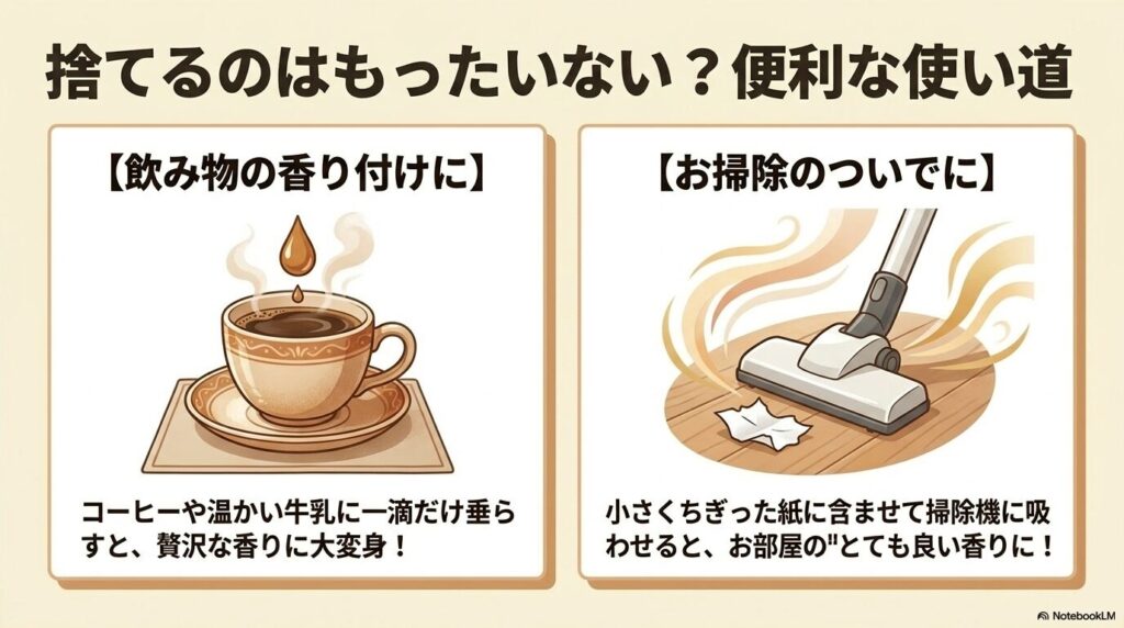 捨てる前の活用法として、飲み物の香り付けや、掃除機に吸わせて部屋を香らせる便利な使い道を提案しています。