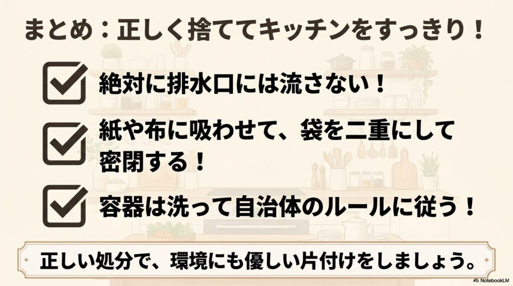 全体のまとめとして、排水口に流さないこと、吸わせて密閉すること、容器を分別することの3点を強調。