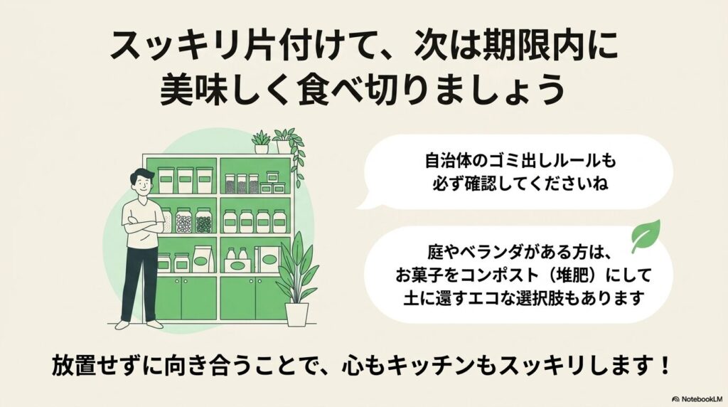 自治体ルールの確認やコンポストの活用を提案し、次は期限内に食べ切ることを促すまとめのスライドです。