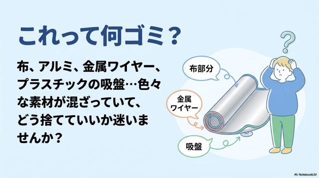 サンシェードを捨てる際の悩みとして、布や金属、プラスチックなどの混在する素材を紹介するスライド。