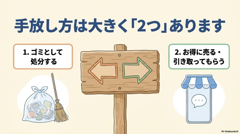 サンシェードを手放す2つの方法として、ゴミとして処分するか、売却・引き取りに出すかを紹介。