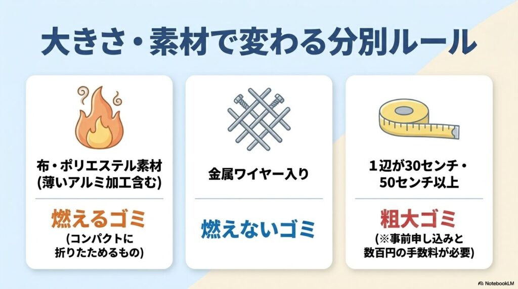 素材や大きさによる分別のルール（燃えるゴミ、燃えないゴミ、粗大ゴミ）を解説するスライド。