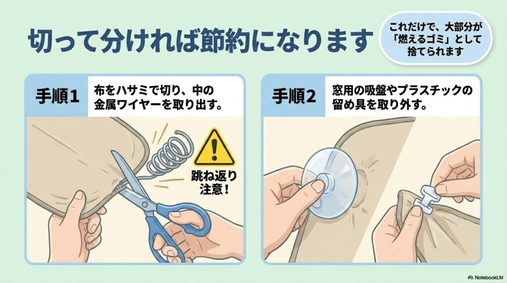 サンシェードを解体して分別することで、大部分を燃えるゴミとして安く捨てる手順を解説。