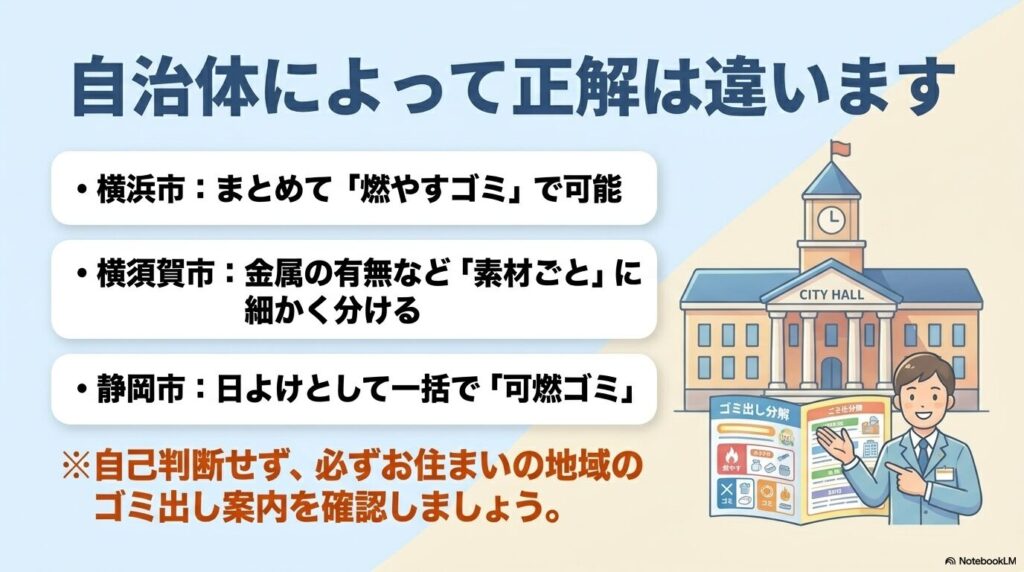 横浜市、横須賀市、静岡市の例を挙げ、自治体ごとに異なるゴミ分別のルール確認を促す。