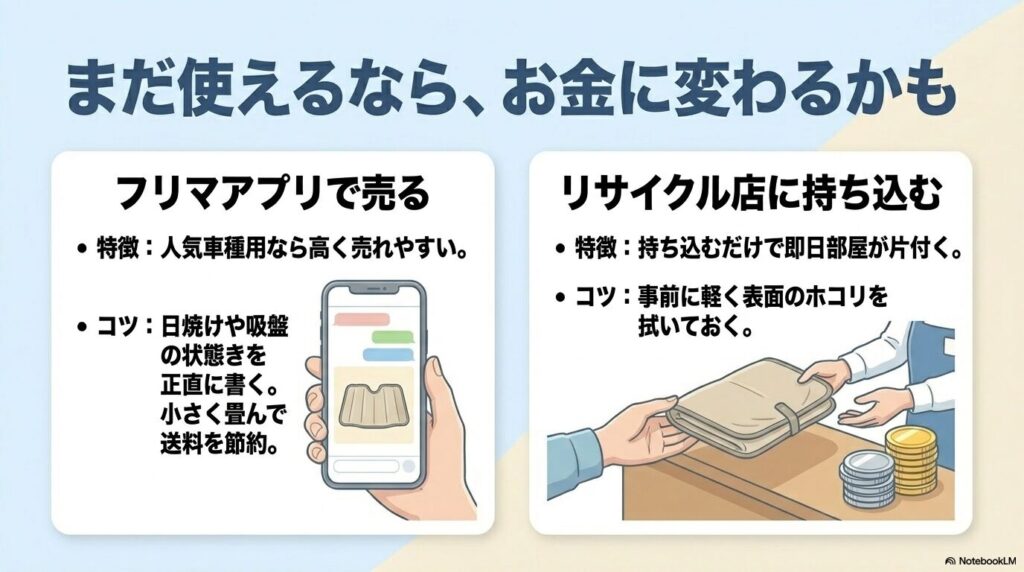 フリマアプリでの売却やリサイクルショップへの持ち込みについて、それぞれの特徴とコツを紹介。