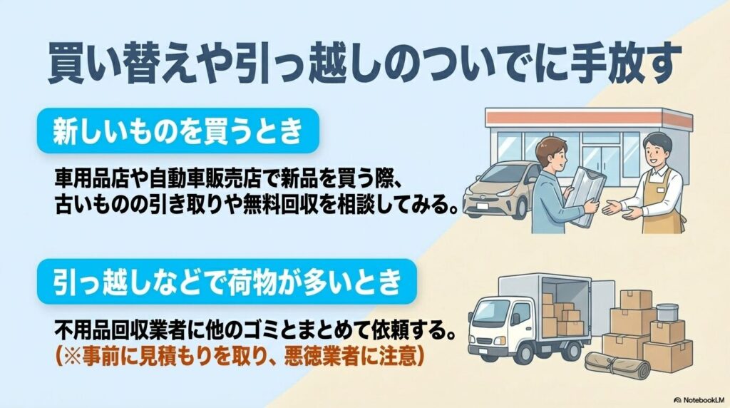 新調時の無料回収相談や、引っ越し時の不用品回収業者への一括依頼について解説するスライド。