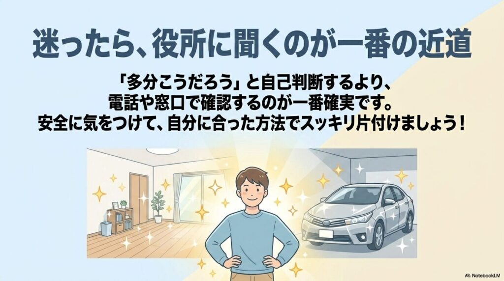 分別に迷った際は役所に確認することを勧め、自分に合った方法での処分を促すまとめ。
