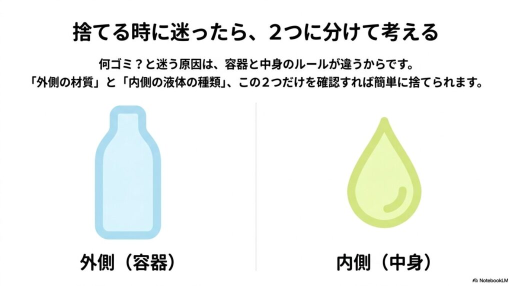 容器（外側）と中身（内側）で捨て方のルールが異なることを説明するスライドです。