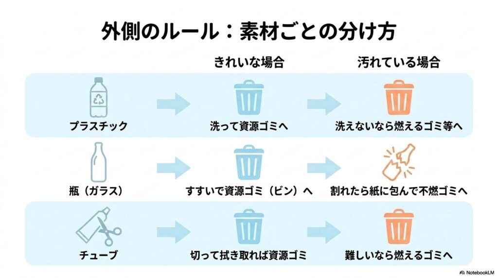 プラスチック、瓶、チューブの素材別に、汚れ具合に応じた分別方法をまとめたスライドです。