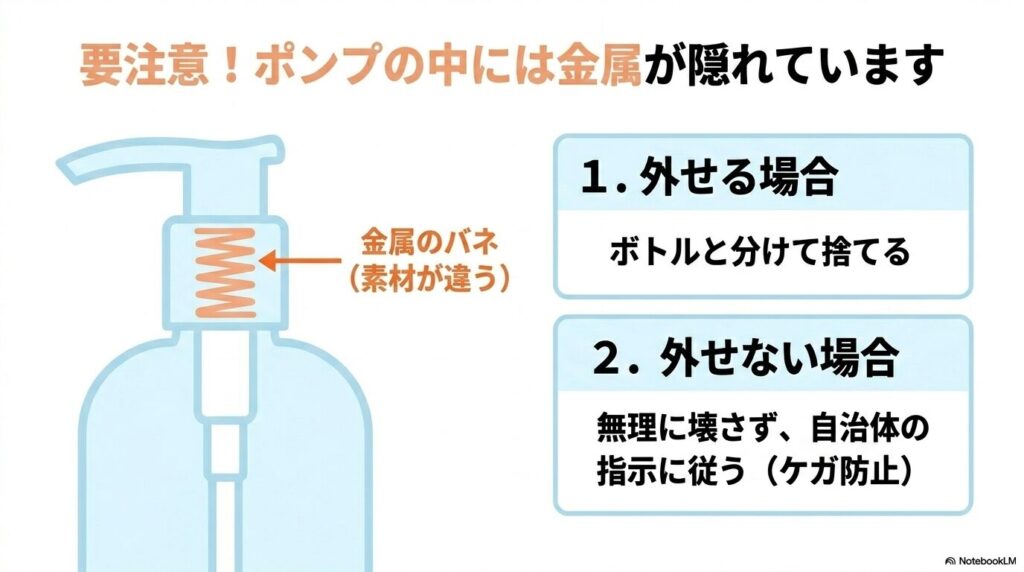 ポンプの中に隠れている金属製のバネの扱いと、分別時の注意点を説明するスライドです。