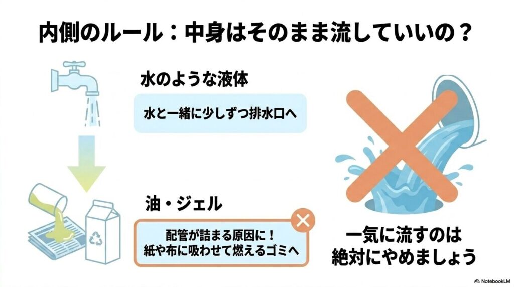 中身の液体の種類に応じた捨て方と、一気に流してはいけないという注意を促すスライドです。