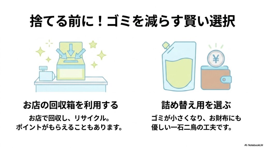 お店の回収箱の利用や詰め替え用製品の選択など、ゴミを減らすための工夫を紹介するスライドです。