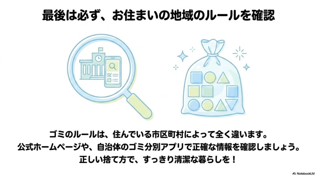 自治体によってゴミのルールが異なるため、地域の情報を確認するよう促すスライドです。