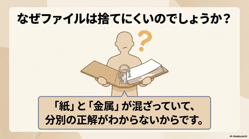 ファイルが捨てにくい理由として、紙と金属の分別方法が分かりにくいことを説明するスライド。