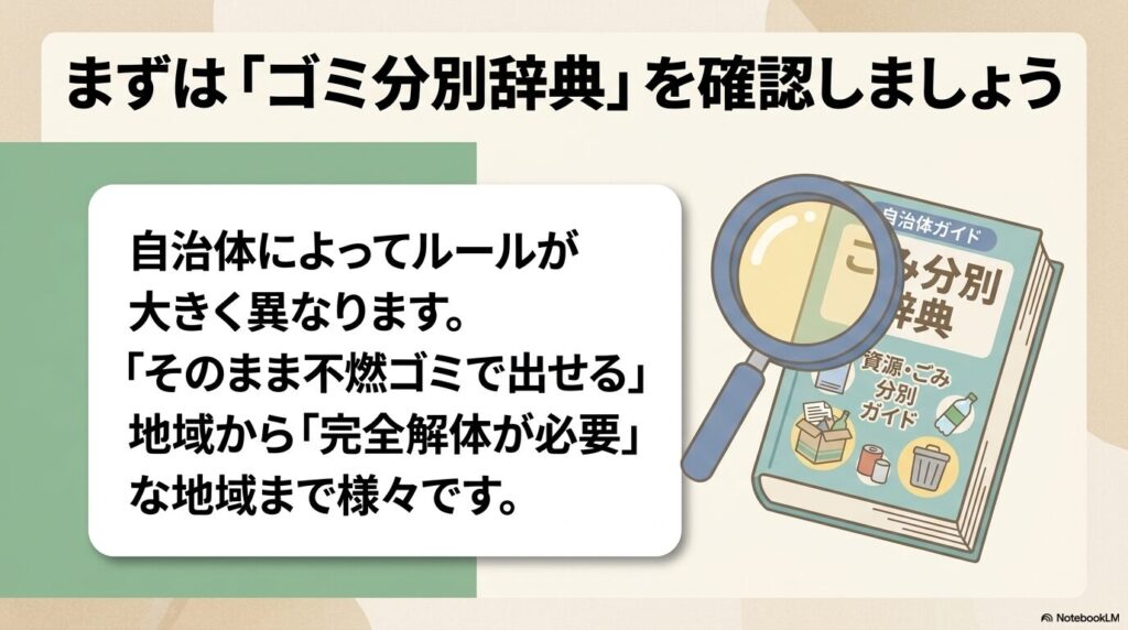 自治体によってゴミ分別のルールが異なるため、まず分別辞典を確認することを推奨するスライド。