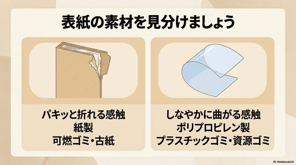 ファイルの表紙の素材が紙製かポリプロピレン製かを見分ける方法と、それぞれの分別区分を説明するスライド。