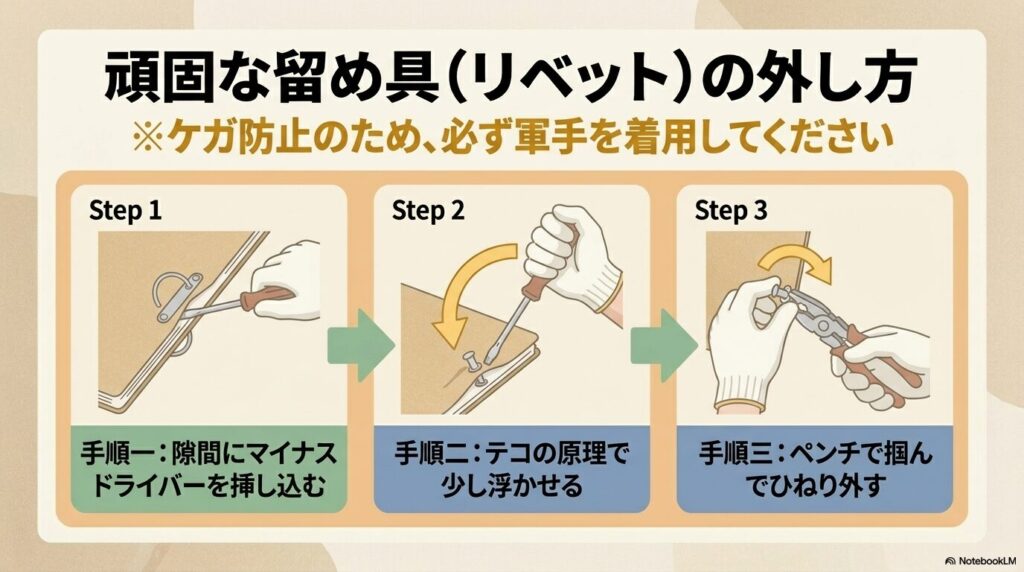 軍手を着用し、マイナスドライバーとペンチを使用して頑固なリベットを外す3つの手順を説明するスライド。