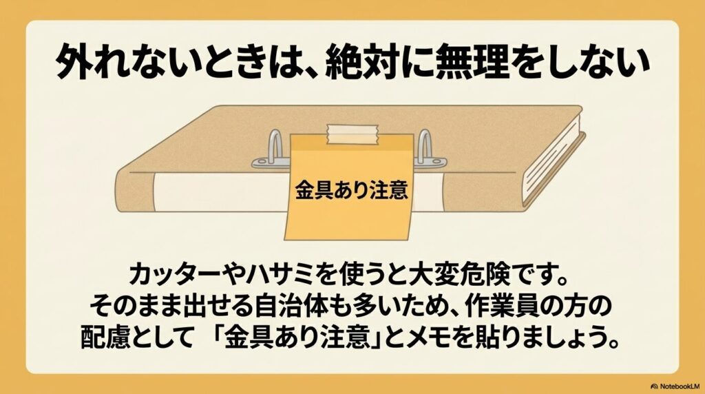金具が外せない場合に無理をせず、注意書きを添えてゴミに出す方法を提案するスライド。