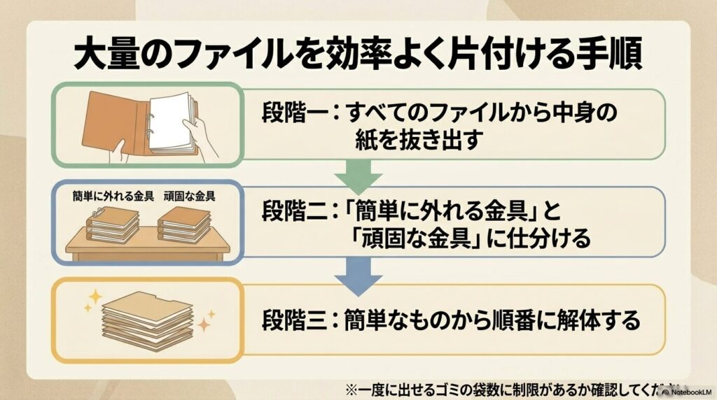大量のファイルを効率よく処分するための、書類の抜き出し、仕分け、解体という3段階の手順。
