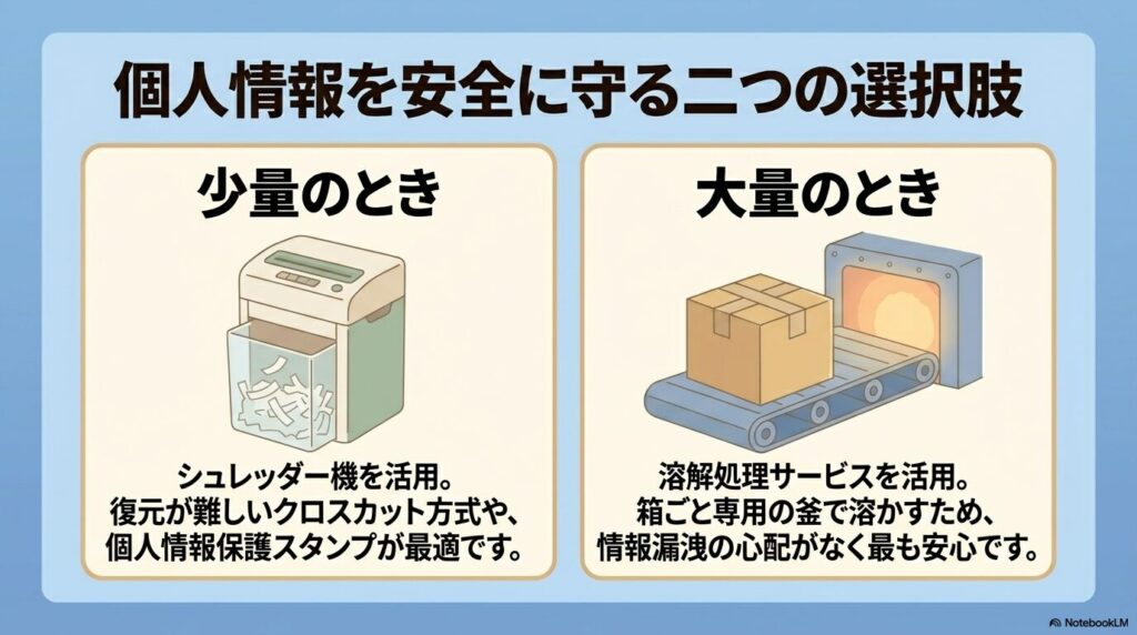 個人情報を守るため、少量の書類にはシュレッダー、大量の場合は溶解処理サービスの利用を勧めるスライド。