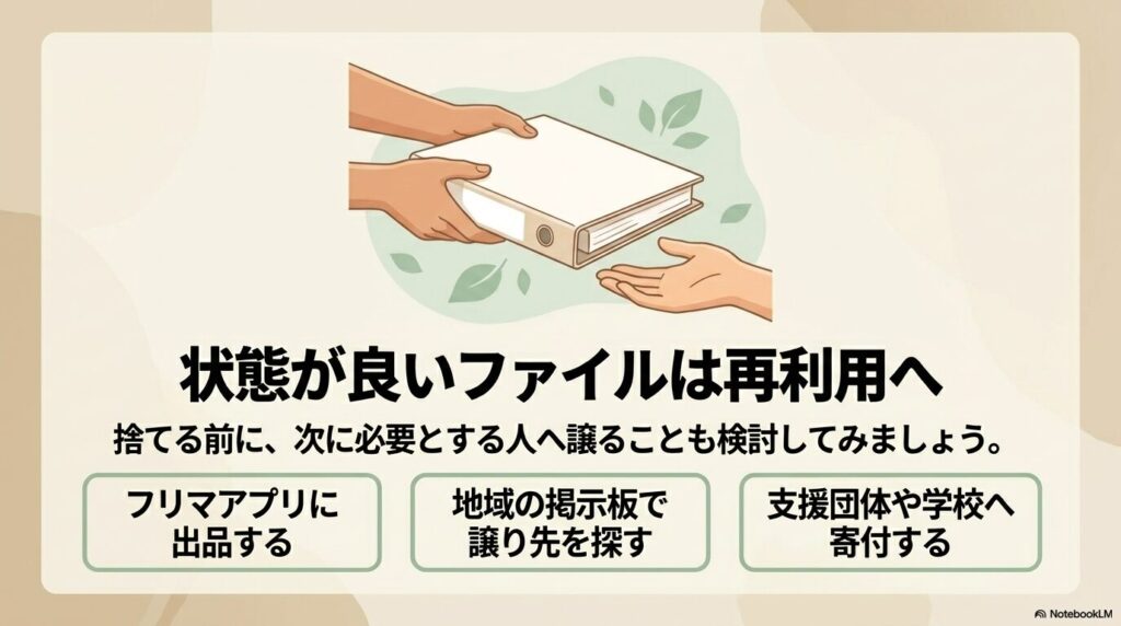 状態の良いファイルを捨てずに、フリマアプリや寄付などを通じて再利用することを提案するスライド。