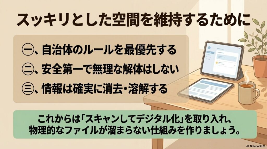 空間維持のための3つのルールと、今後のための書類のデジタル化を推奨するまとめのスライド。