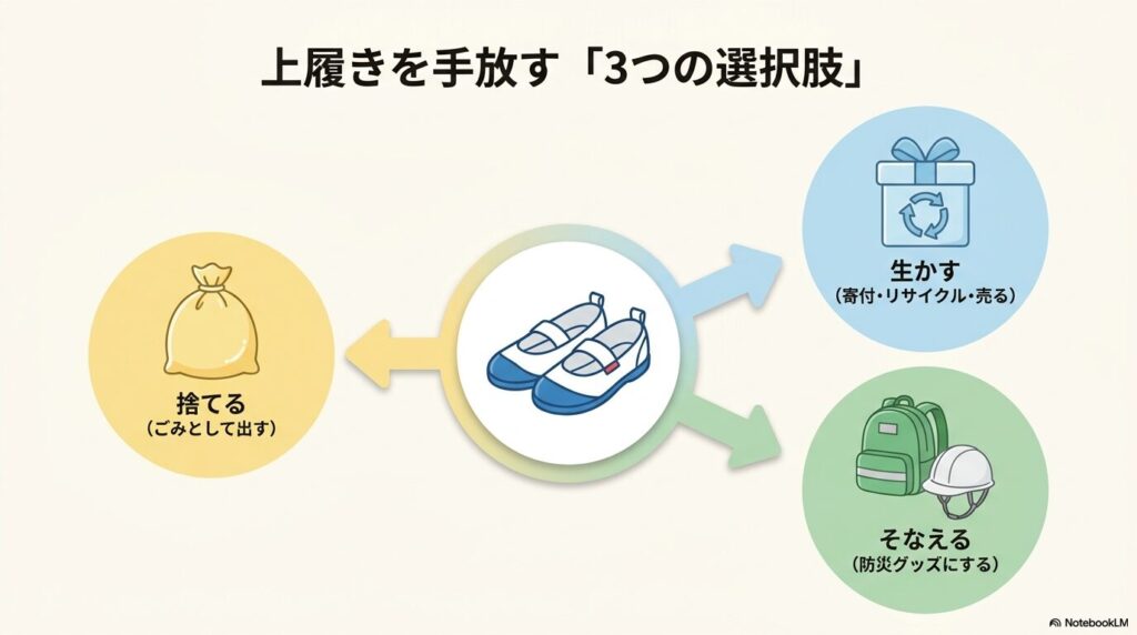 上履きを手放す際の「捨てる」「生かす」「そなえる」の3つの選択肢を説明しています。
