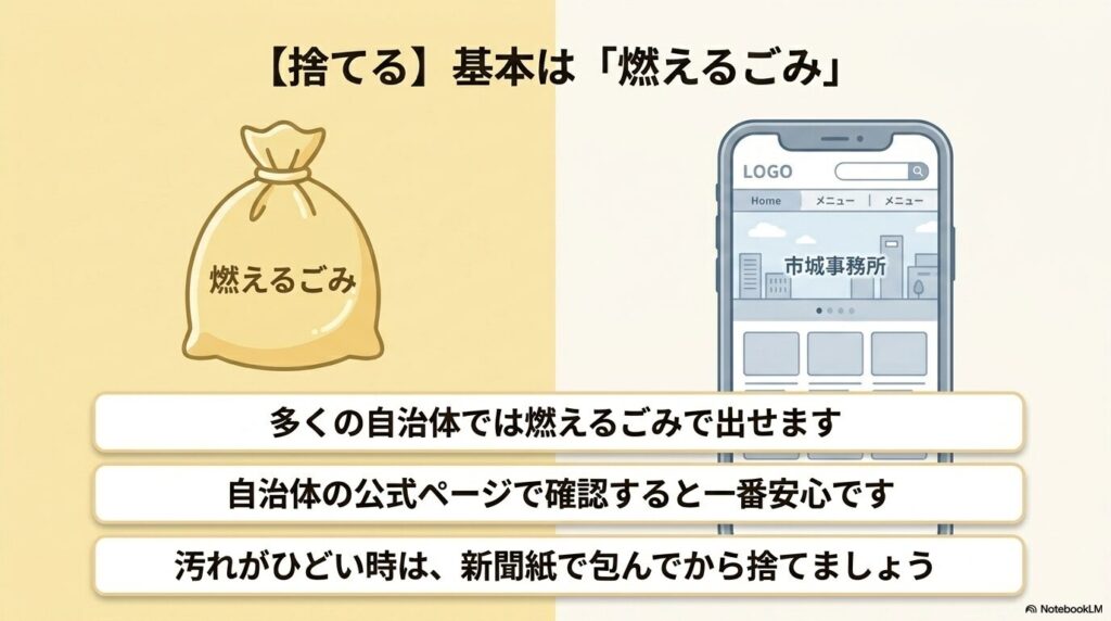 上履きを「捨てる」場合の基本は燃えるごみであり、自治体への確認が重要だと説明しています。
