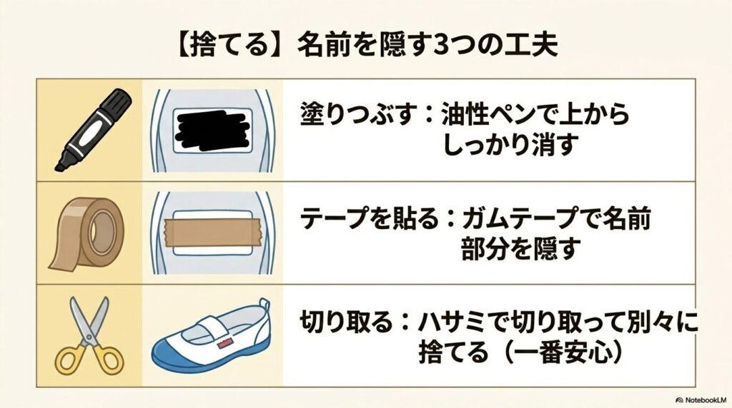 上履きを捨てる際に、名前を隠すための「塗りつぶす」「テープを貼る」「切り取る」の3つの工夫を紹介しています。