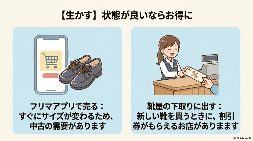 状態が良い上履きを、フリマアプリで売る方法や靴屋で下取りに出す方法を説明しています。