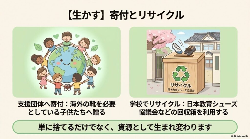 上履きを寄付やリサイクルを通じて、海外の子供たちを支援したり資源として再利用する方法を説明しています。