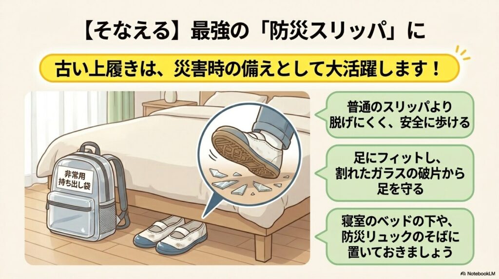 古い上履きを、足を守るための「防災スリッパ」として活用する方法とそのメリットを提案しています。