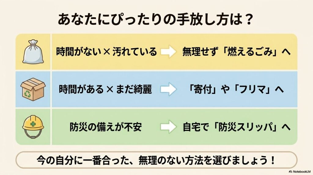 時間の有無や汚れの状態に合わせて、自分に最適な上履きの手放し方を選ぶためのフローチャートです。
