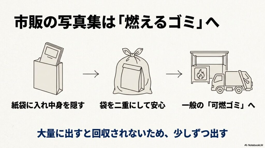 市販の写真集を「燃えるゴミ」として出す手順と、中身を隠すための工夫や注意点を説明したスライド。