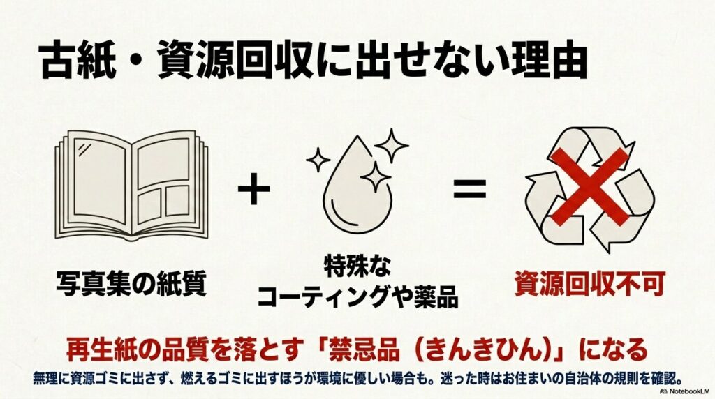 写真集の特殊な紙質やコーティングが「禁忌品」となり、資源回収に出せない理由を解説したスライド。